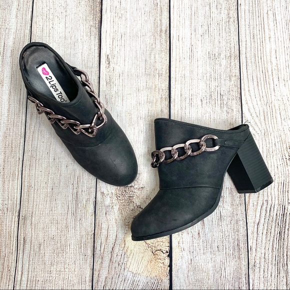 2 Lips Too Shoes - 2 Lips Too Grey Mules Chain Accents Chunky Mules